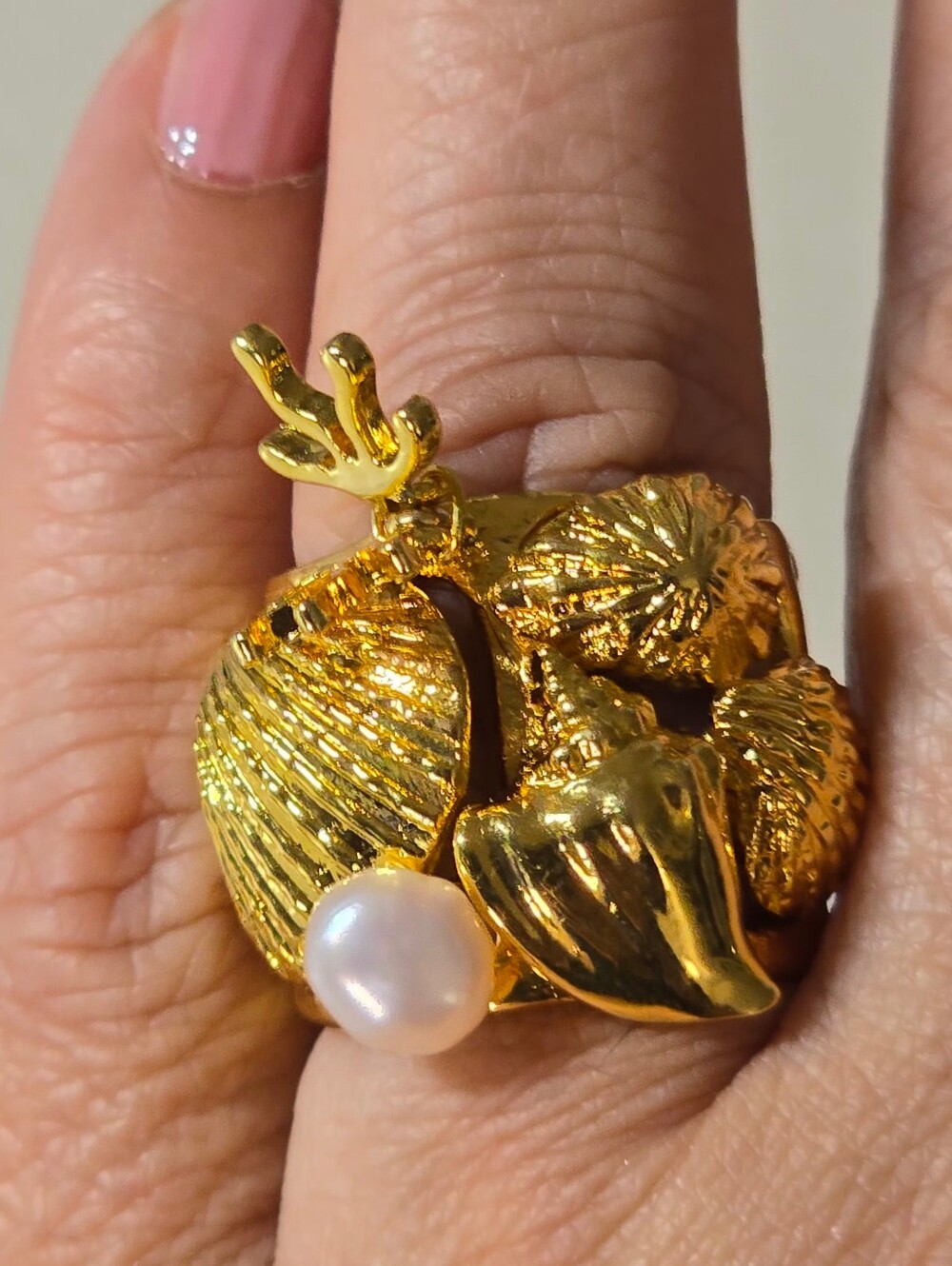 Sequin - Gold Seashell Statement Ring with Freshwater Pearl Accent